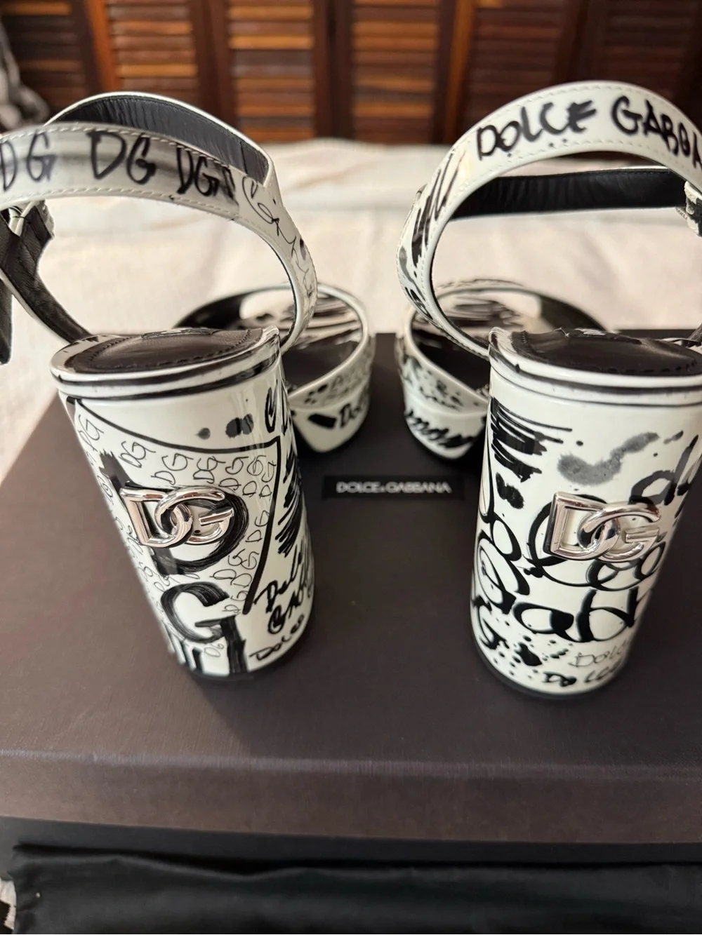 Dolce & Gabbana White and Black Graffiti Block Heel Sandals
